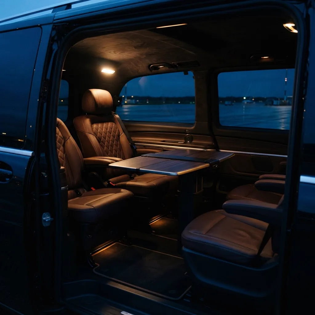 The rear cabin of the V-Class: nappa captain's chairs and a single reading light.