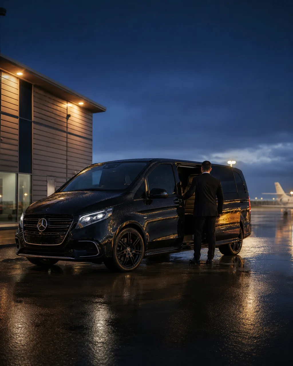 A Mercedes-Benz V-Class at the Keflavík private terminal at blue hour, a chauffeur waiting at the open rear door.